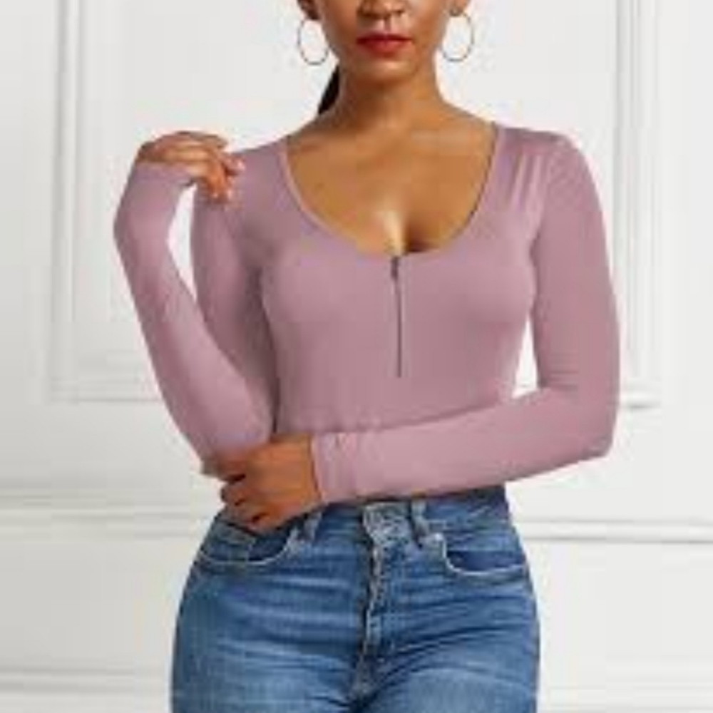 GUESS Pink Long Sleeve Scoop Neck Bodysuit with Front Zip